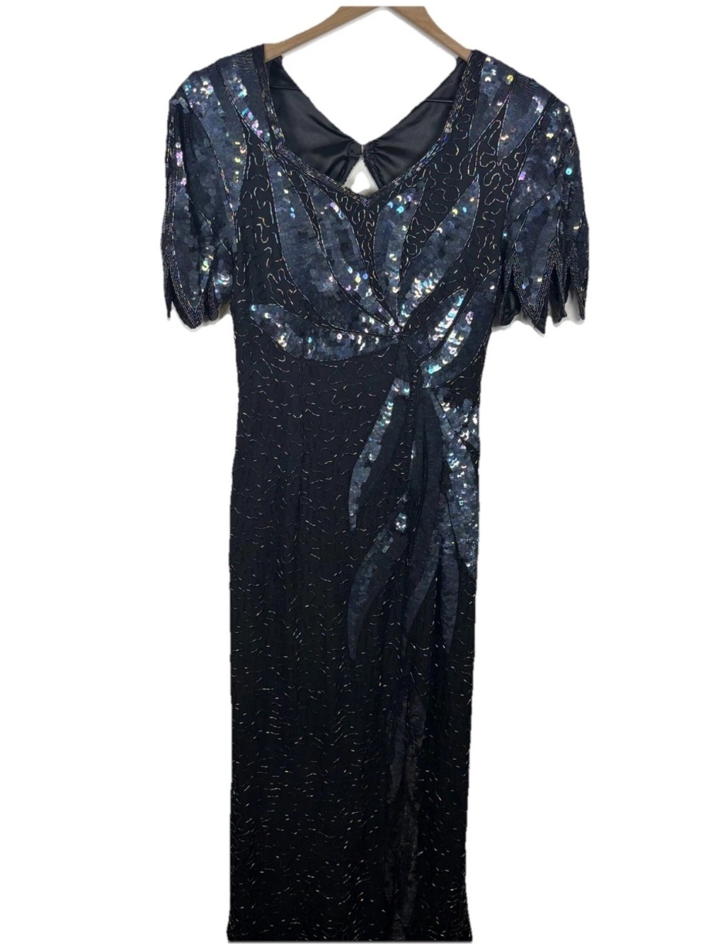 Vintage Sean Collection Art Deco Silk Beaded Sequin Petal Sleeve Dress L Slit